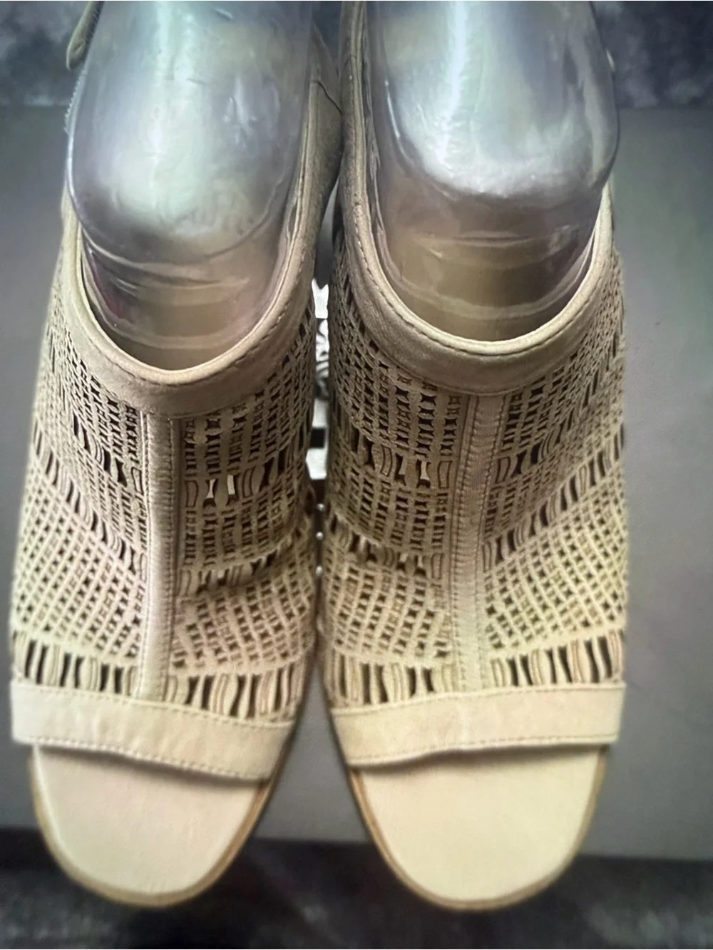 Vince Camuto Taupe Laser-Cut Peep-Toe Wedge Sandals